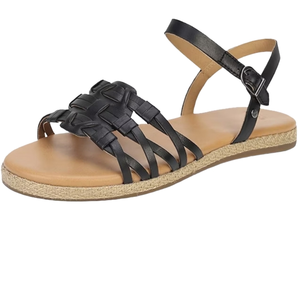 UGG Black Woven Strappy Leather Ankle Strap Sandals NWOB